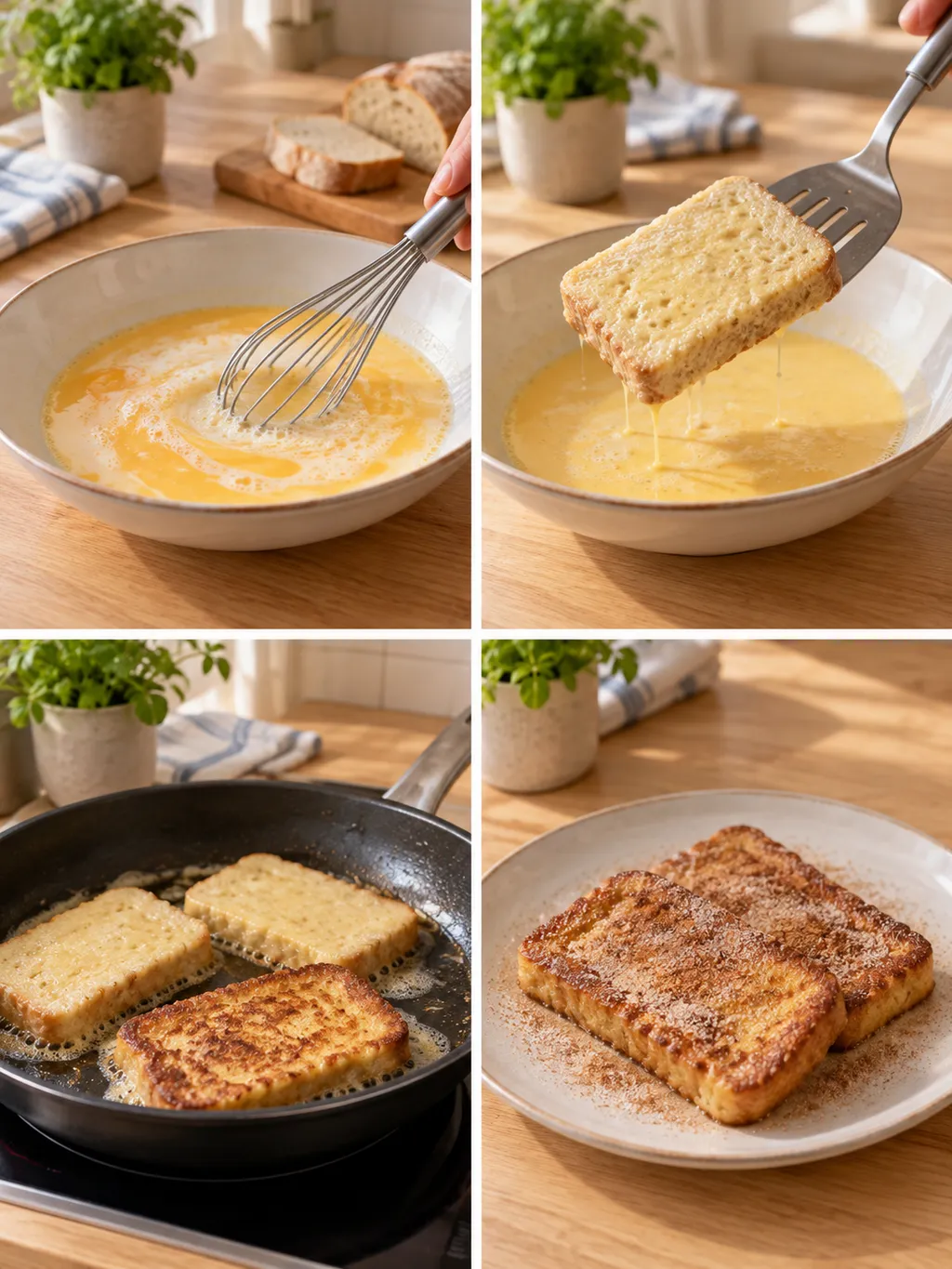 Äggsmet, doppat bröd, smörstekning och färdiga fattiga riddare med kanelsocker