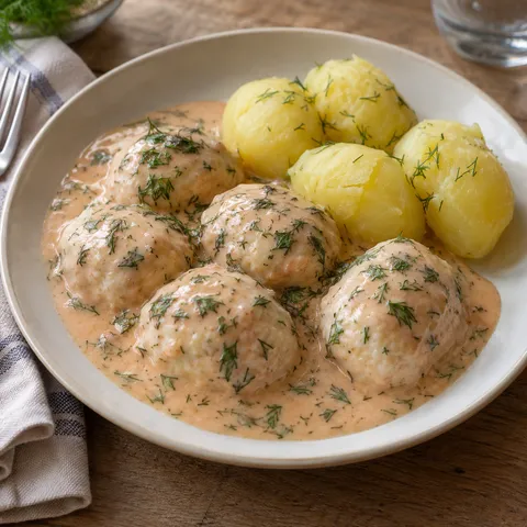 Hemgjorda fiskbullar i rosa hummersås med dill och kokt potatis