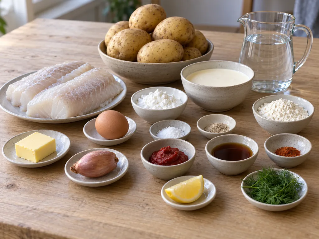 Torsk, grädde, hummerfond, dill och övriga råvaror till fiskbullar i hummersås