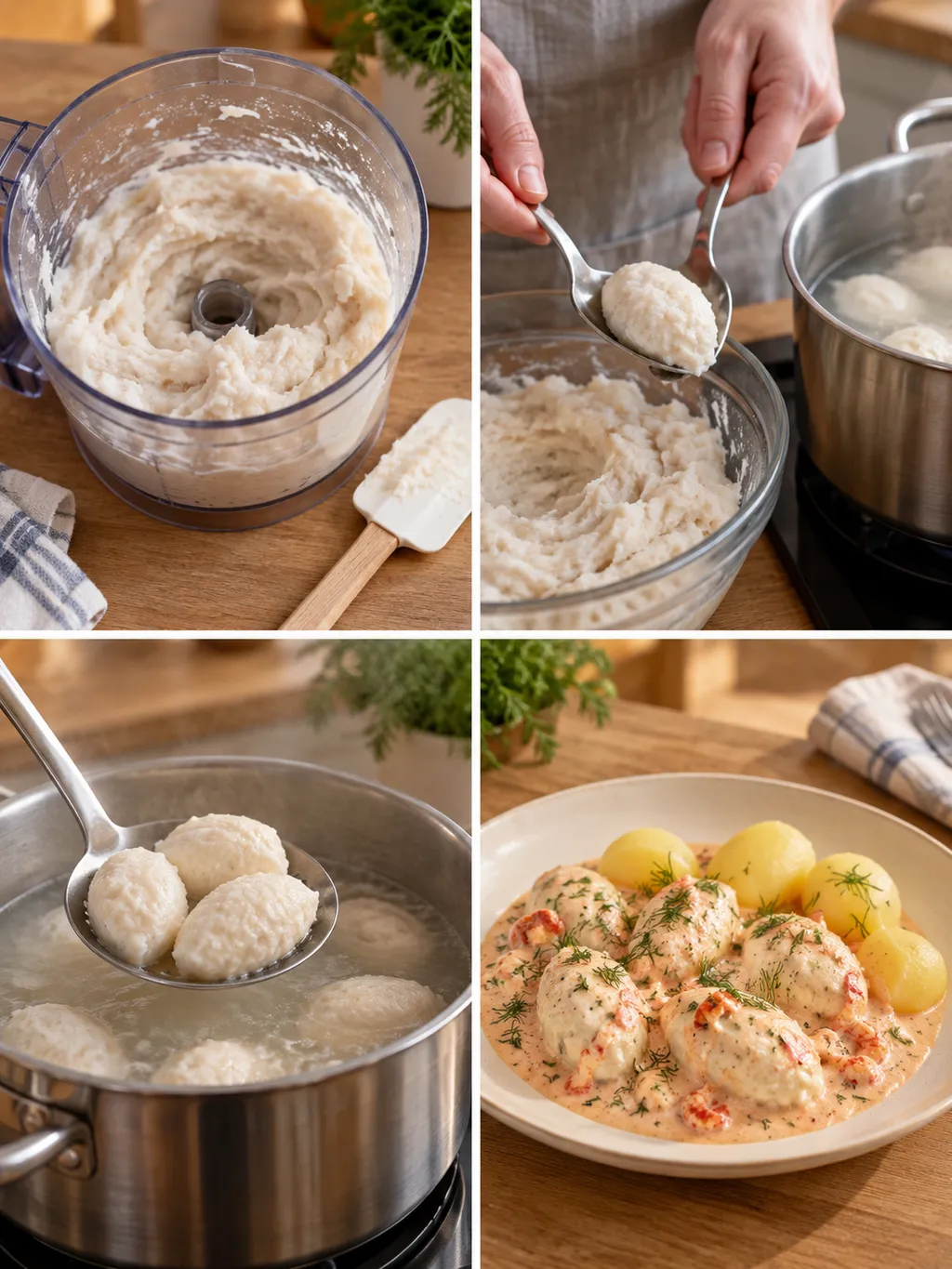 Fiskfärs, formning och sjudning av fiskbullar samt färdig hummersås med potatis