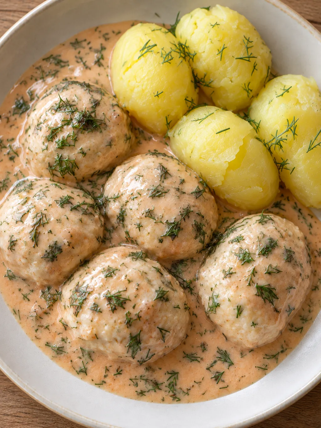 Fiskbullar med dill i krämig hummersås och kokt potatis på en tallrik