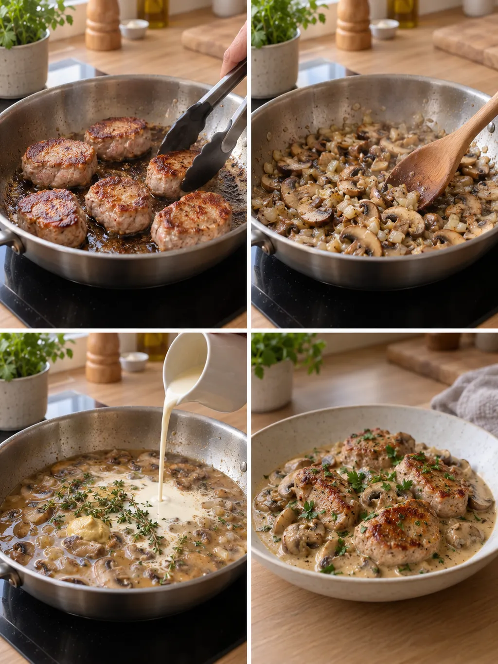 Fläskfilé bryns, svamp steks, grädde tillsätts och den färdiga grytan serveras