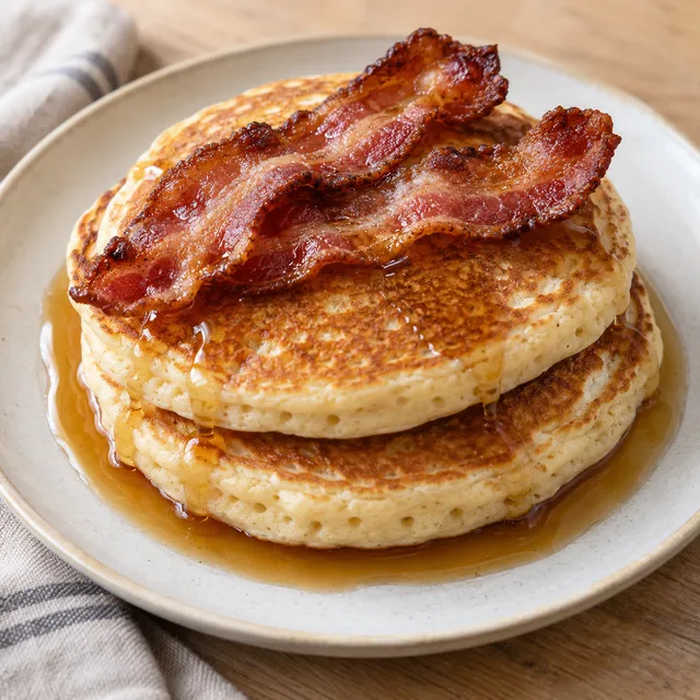 Fluffiga amerikanska pannkakor med knaprigt bacon och lönnsirap på en ljus tallrik