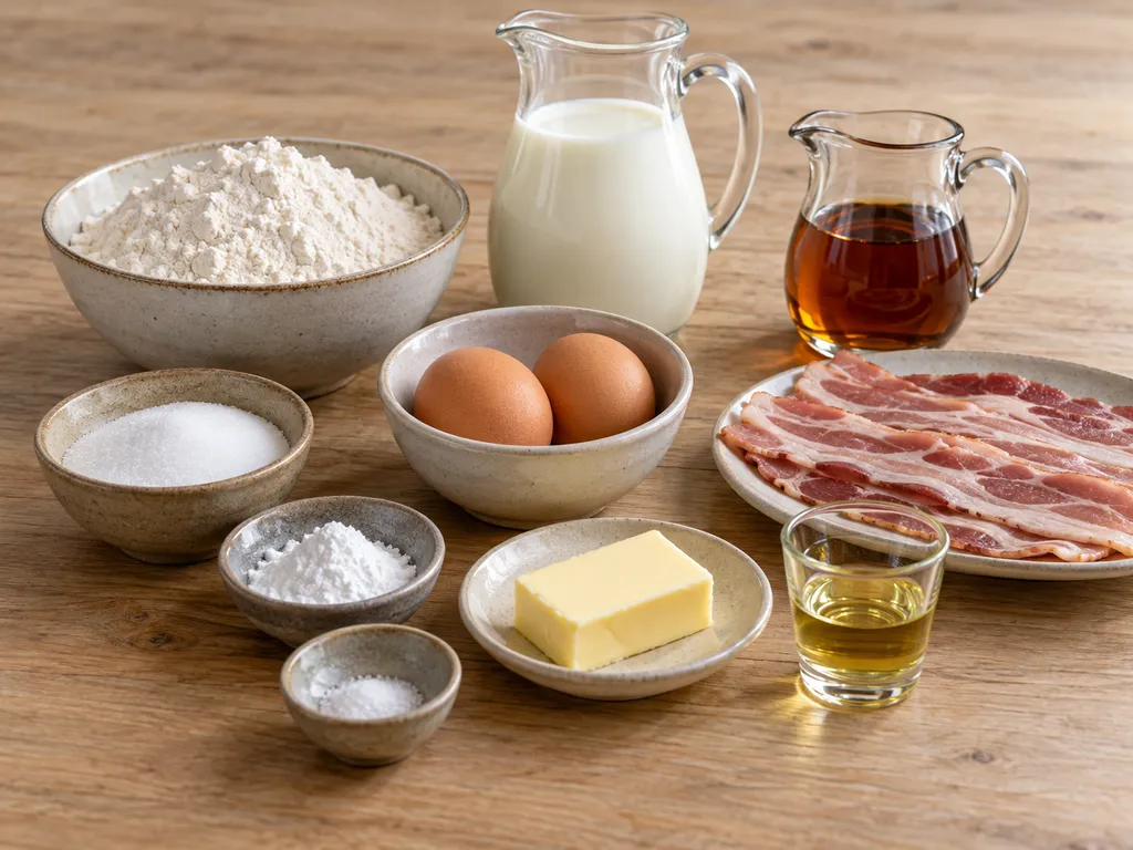 Mjöl, mjölk, två ägg, smör och övriga ingredienser till pannkakor med bacon och lönnsirap