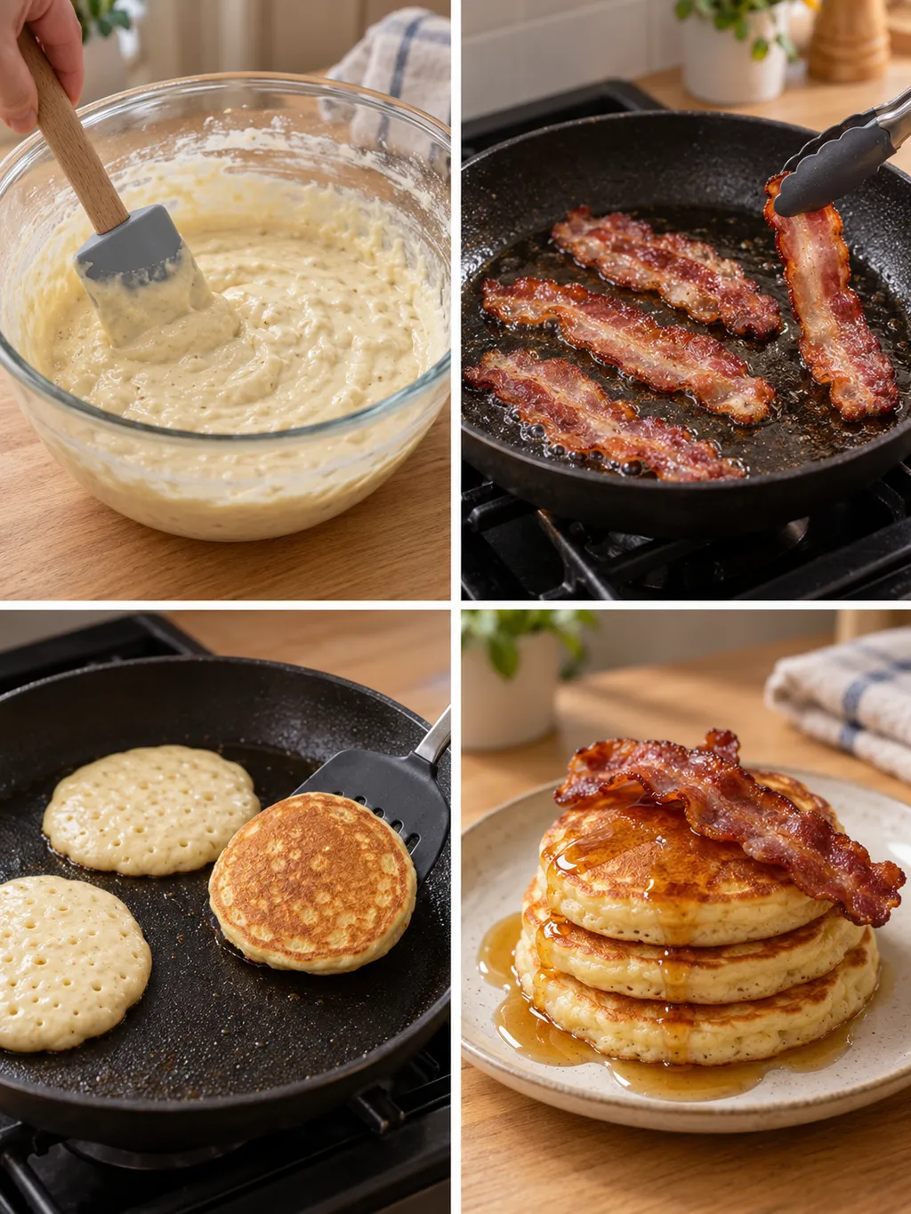 Pannkakssmet blandas, bacon steks och pannkakor vänds före servering med lönnsirap