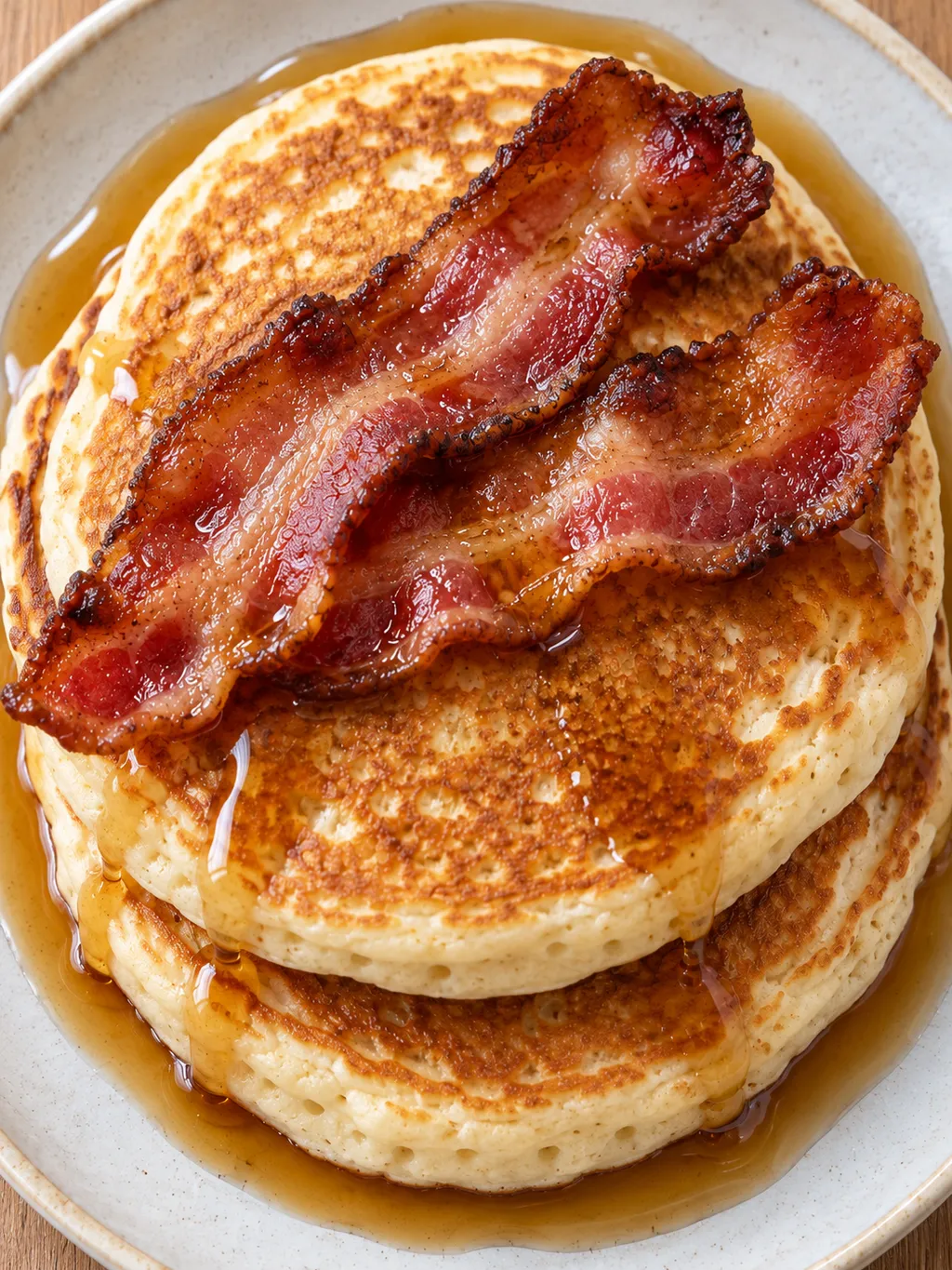 Gyllene amerikanska pannkakor med baconskivor och bärnstensfärgad lönnsirap