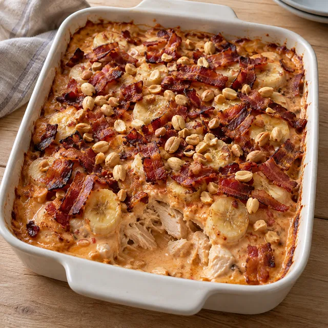 Flygande Jacob med banan, krämig chilisås, knaprigt bacon och jordnötter