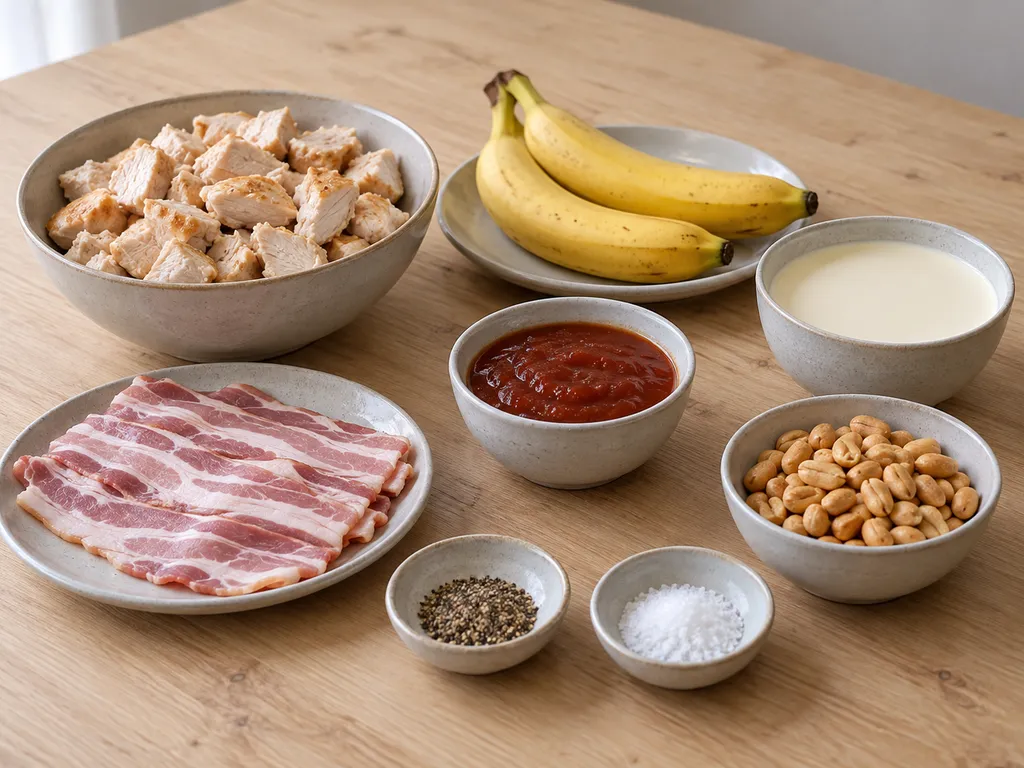 Kyckling, två bananer, grädde, chilisås, bacon, jordnötter, peppar och salt