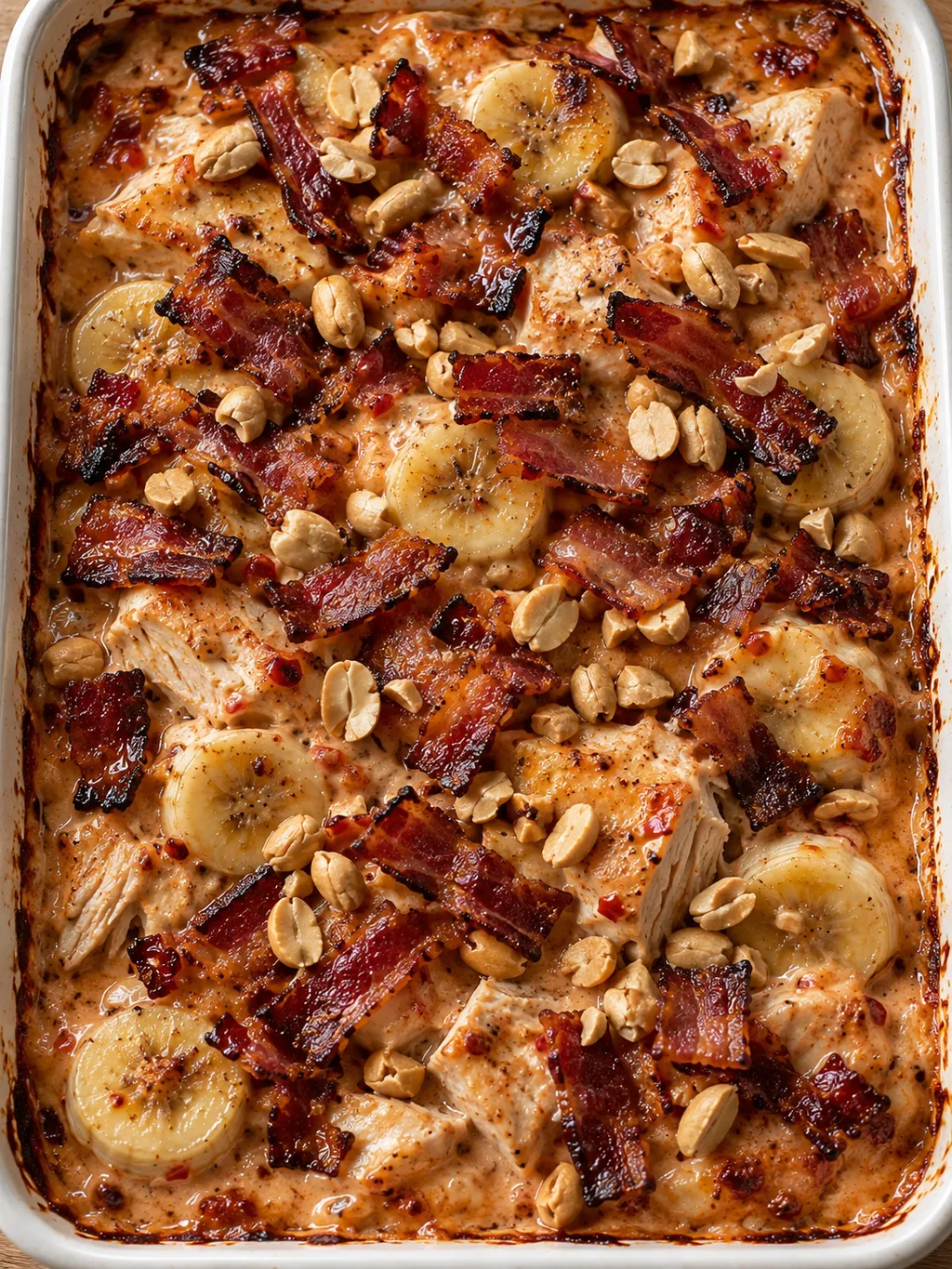 Flygande Jacob med rosaröd gräddsås, gyllene bacon och rostade jordnötter
