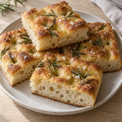Gyllene focaccia med rosmarin, flingsalt och luftigt inkråm på ett ljust fat