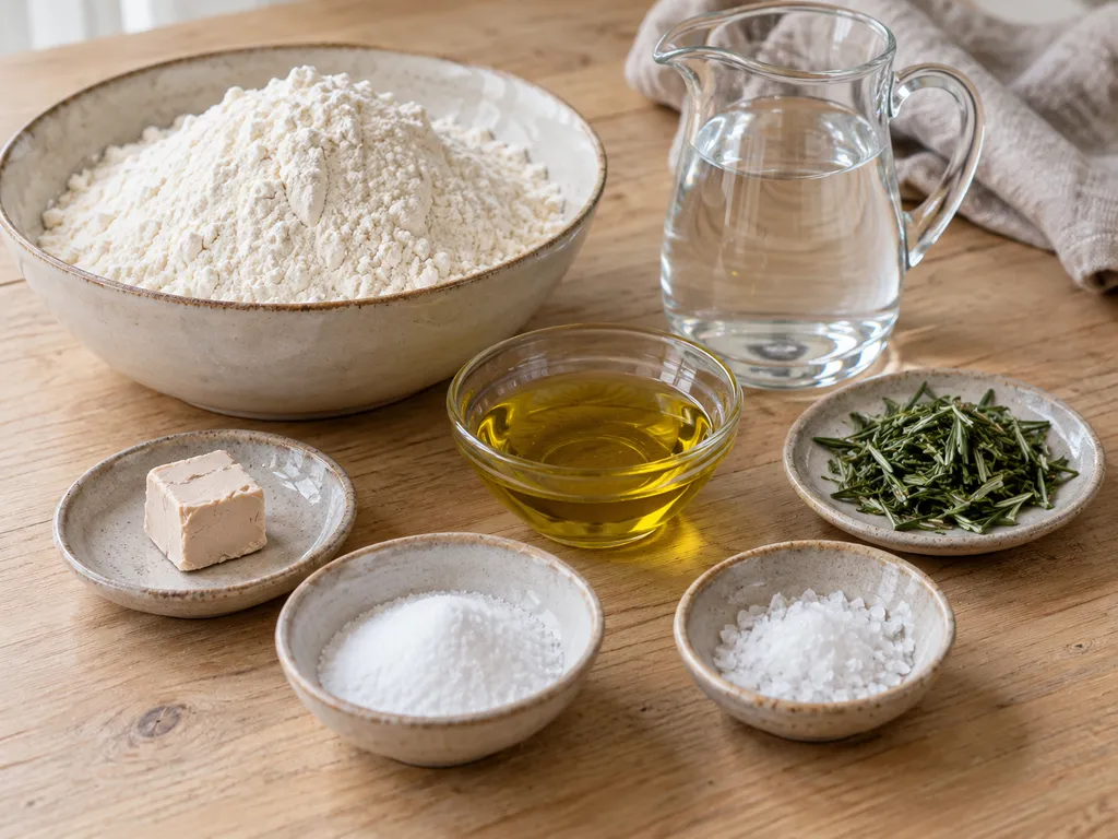 Mjöl, vatten, jäst, olivolja, fint salt, rosmarin och flingsalt till focaccia