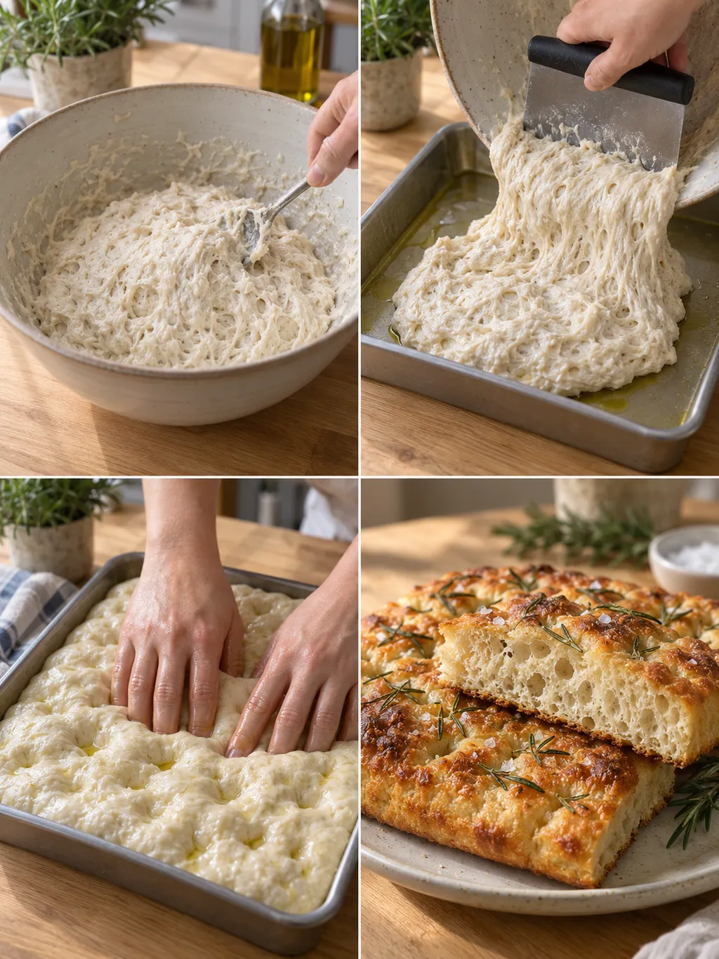 Focacciadeg rörs ihop, läggs i långpanna och får gropar före det färdiga brödet