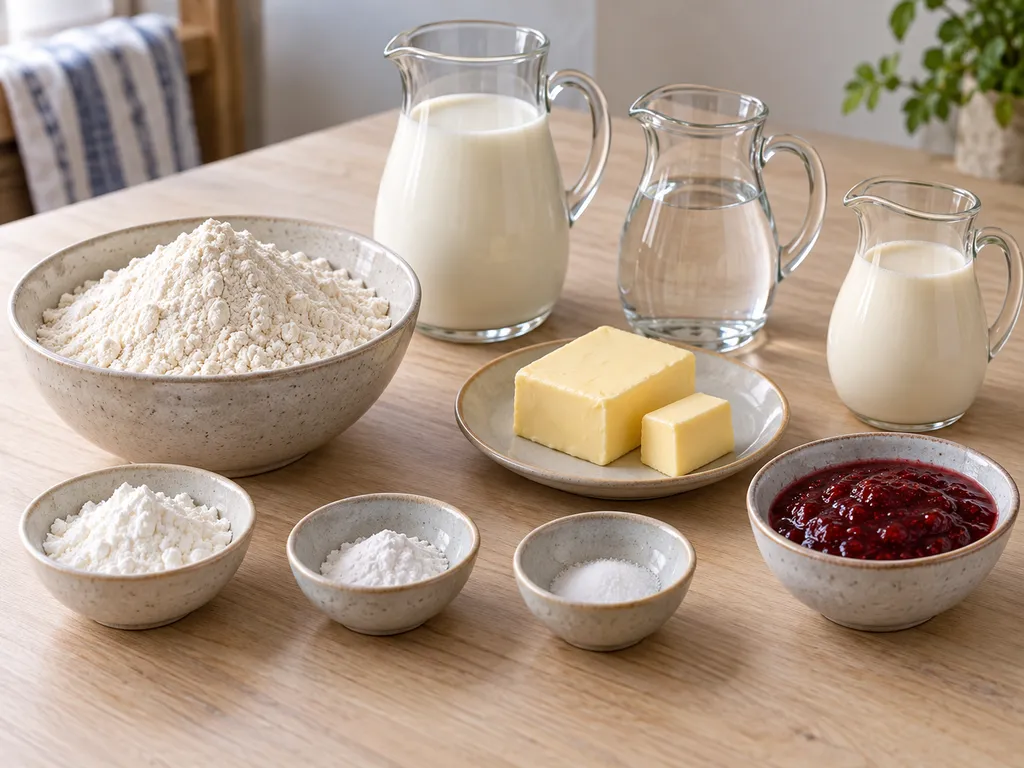 Mjöl, majsstärkelse, bakpulver, salt, mjölk, vatten, smör, grädde och hallonsylt