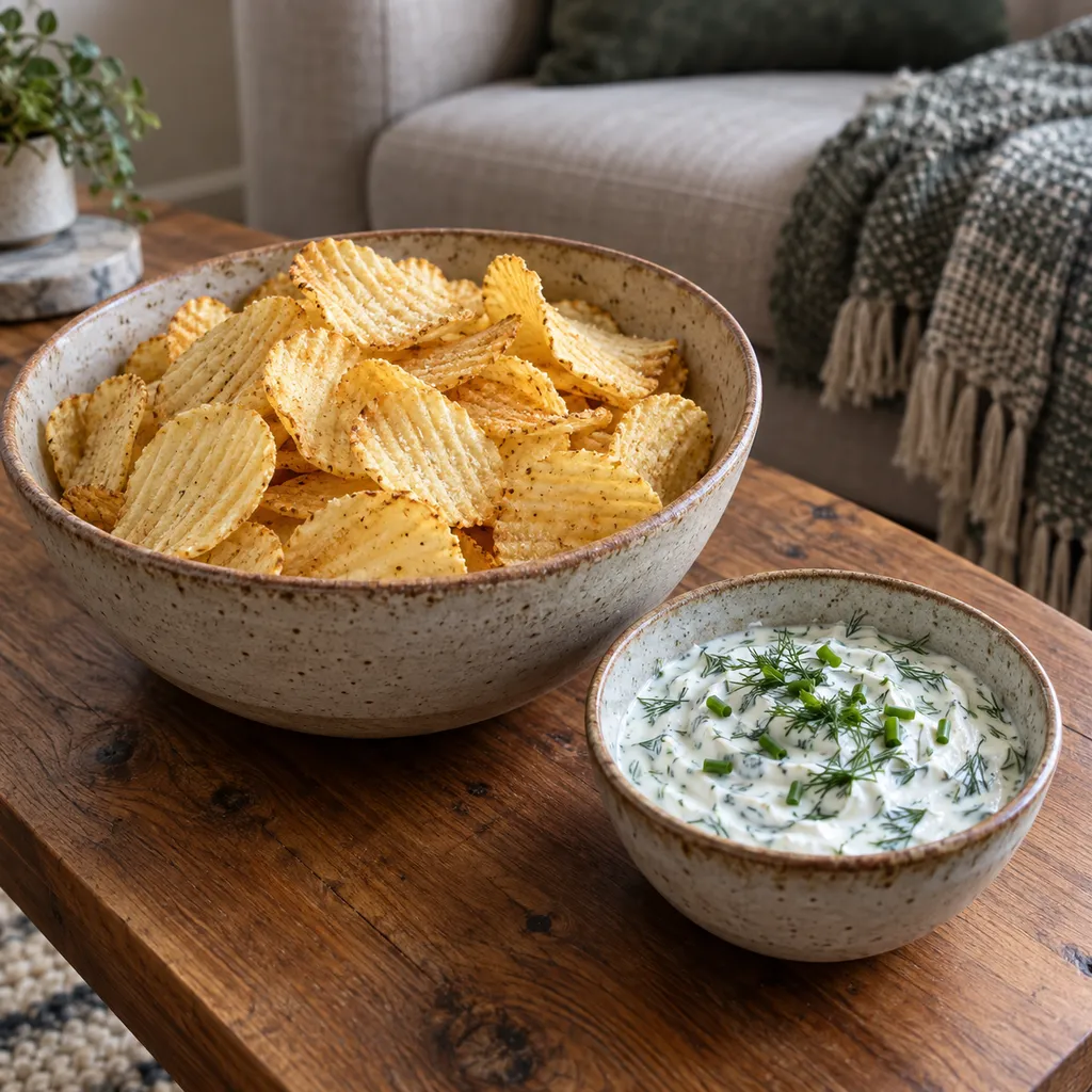 En skål potatischips och örtdipp på ett träbord framför en soffa.