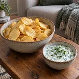 En skål potatischips och örtdipp på ett träbord framför en soffa.