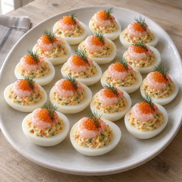 Fyllda ägghalvor med kaviarkräm, räkor, löjrom och dill på ett ljust fat