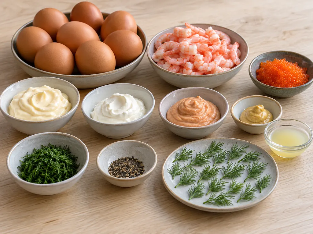 Ägg, majonnäs, crème fraiche, kaviar, räkor, löjrom och kryddor i separata skålar