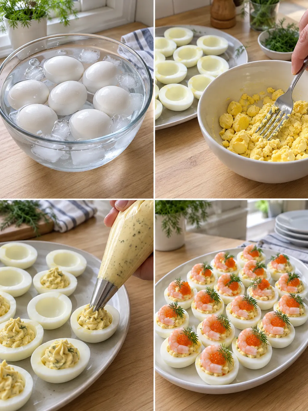 Ägg kyls, gulor mosas och halvor fylls inför servering med räkor och löjrom