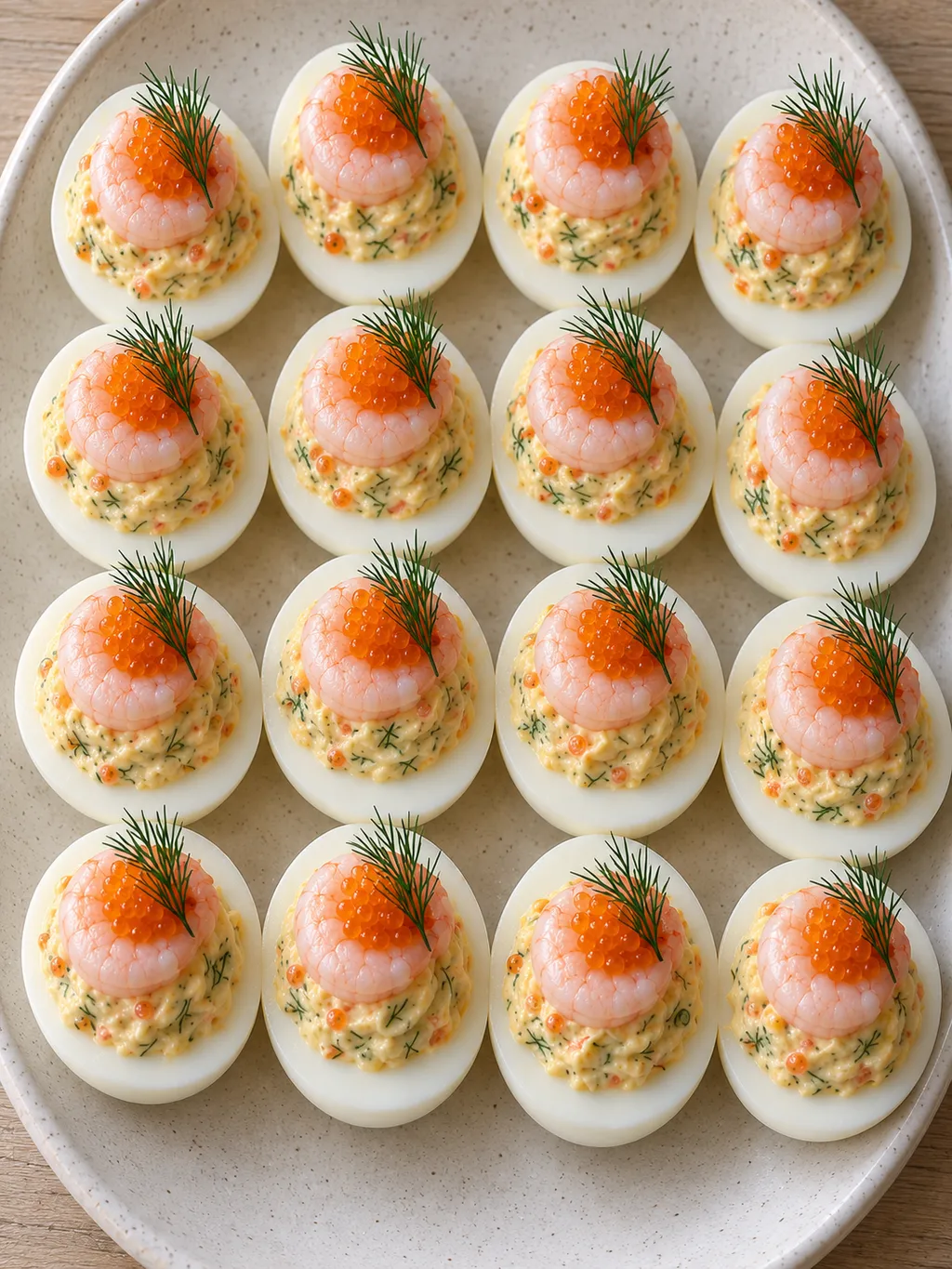 Ägghalvor med rosa räkor, orange löjrom och dill ovanpå krämig kaviarfyllning