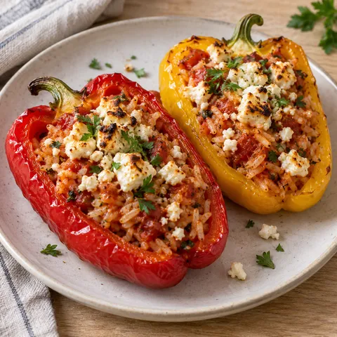 Röd och gul paprika fylld med ris, tomat och fetaost, toppad med persilja