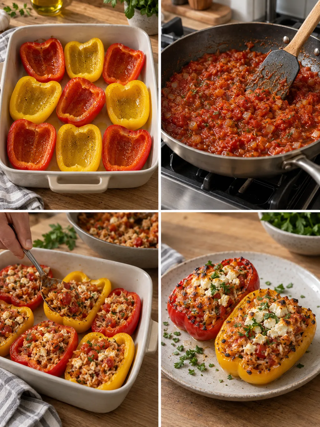 Paprikor förbereds, tomatröran sjuds och fyllningen fördelas före servering