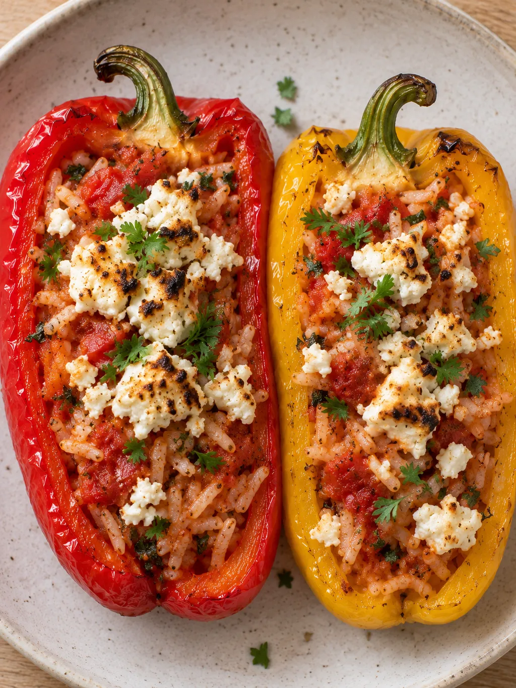 Fyllda paprikahalvor med tomatris, lätt brynt fetaost och persilja