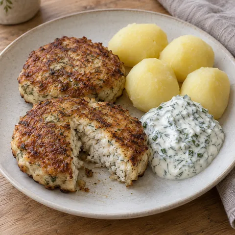 Gäddfärsbiffar med dill, örtgräddfilssås och kokt potatis på en ljus tallrik