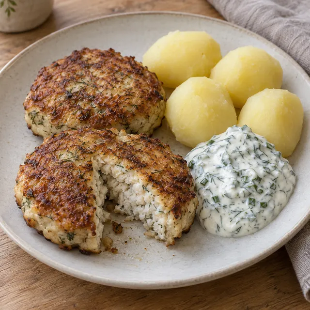 Gäddfärsbiffar med dill, örtgräddfilssås och kokt potatis på en ljus tallrik