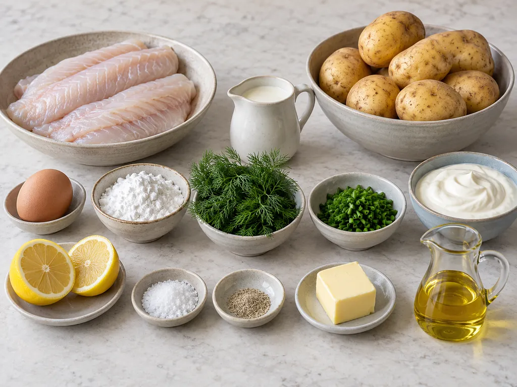 Gäddfilé, ägg, grädde, potatismjöl, örter, gräddfil, citron och potatis