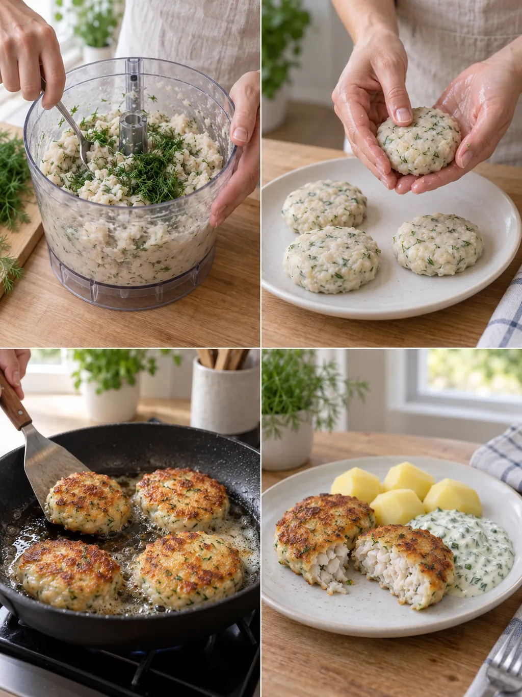 Gäddfärs blandas med dill, formas till biffar, steks och serveras med örtsås