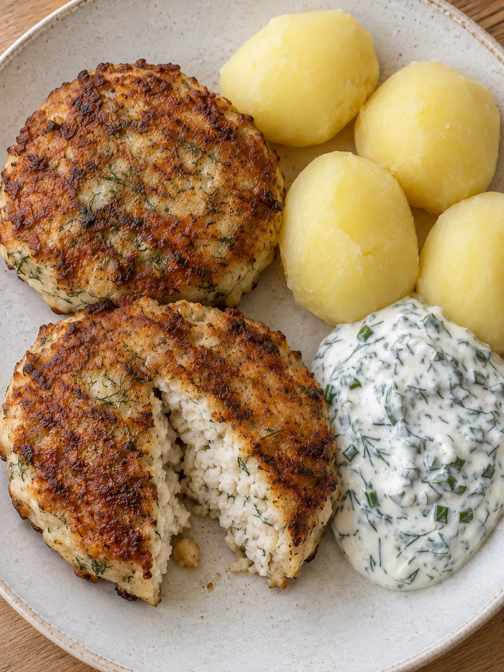 Gyllene gäddfärsbiffar med ljust inre, kall örtgräddfilssås och kokt potatis