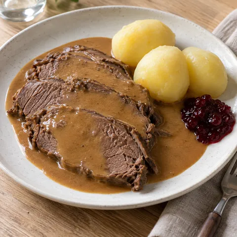 Gammaldags grytstek med gräddsås, kokt potatis och svartvinbärsgelé