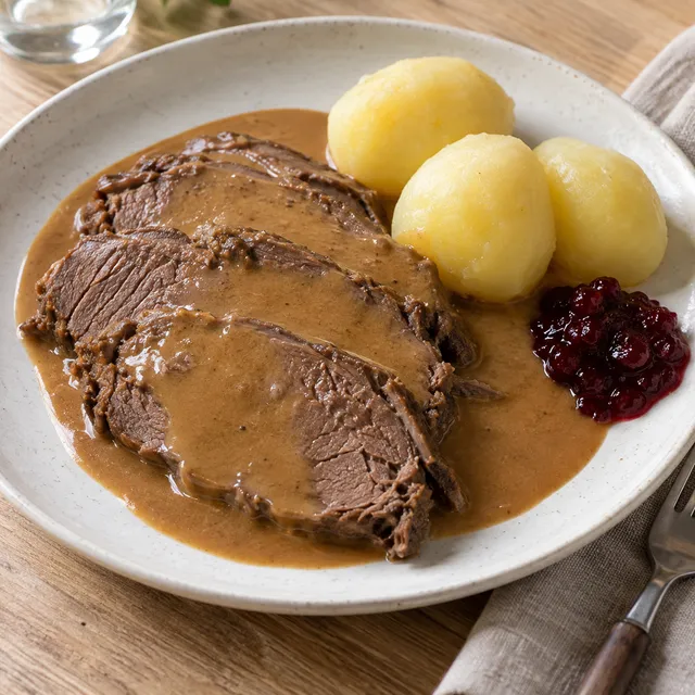 Gammaldags grytstek med gräddsås, kokt potatis och svartvinbärsgelé