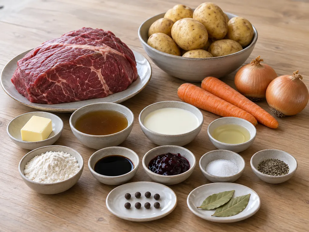 Nötbog, lök, morötter, grädde, kryddor och potatis till grytstek