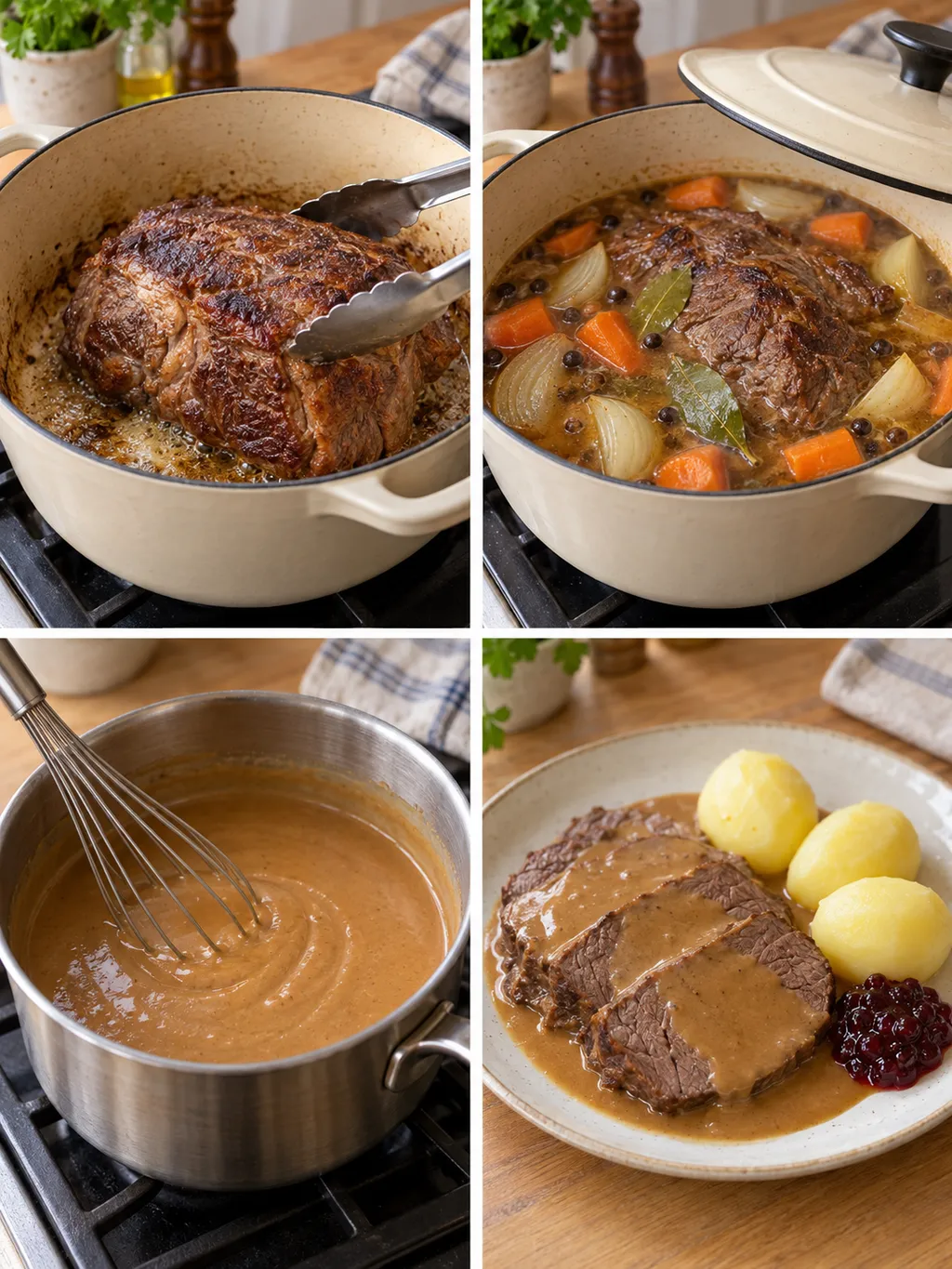 Nötbog bryns och sjuds, gräddsås vispas och färdig grytstek serveras
