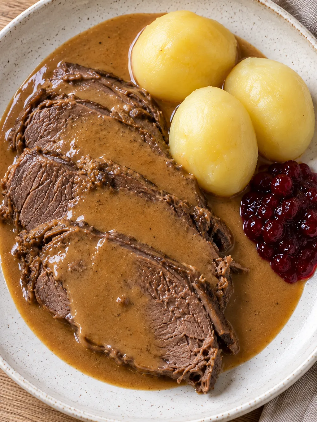 Skivad grytstek med brun gräddsås, kokt potatis och vinbärsgelé