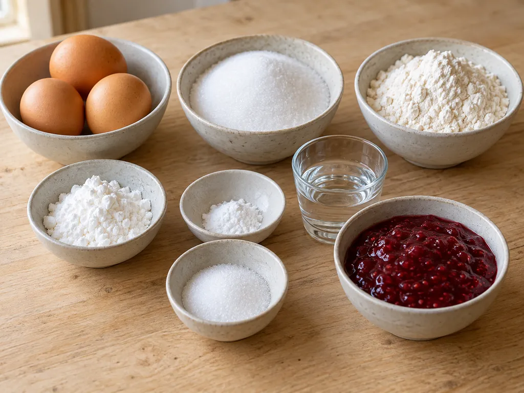 Ägg, socker, vetemjöl, potatismjöl, bakpulver, vatten och hallonsylt i skålar
