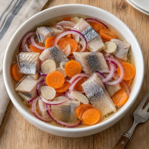Glasmästarsill i klar lag med tunna morotsskivor, rödlök och pepparrot