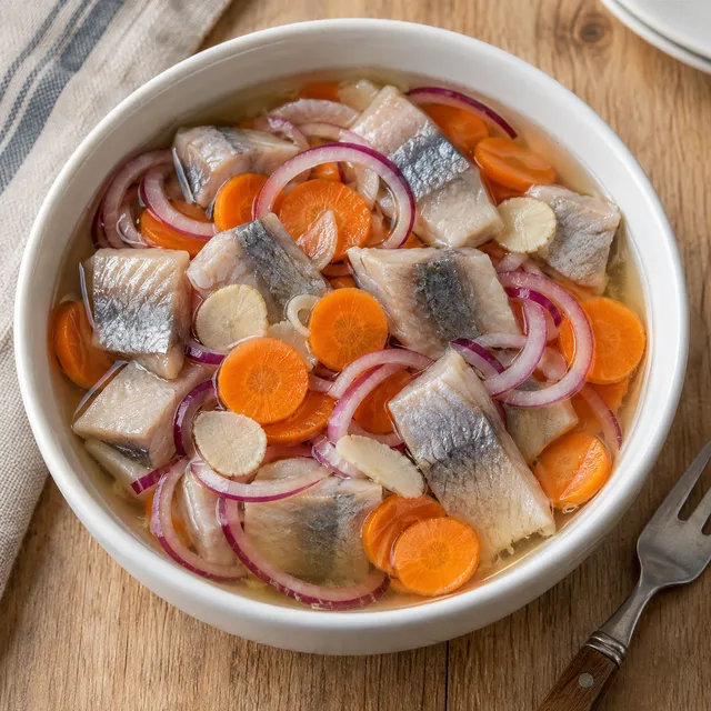 Glasmästarsill i klar lag med tunna morotsskivor, rödlök och pepparrot