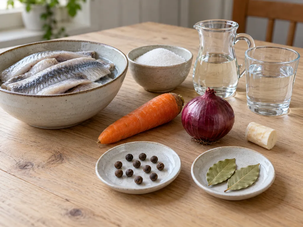 Sillfiléer, morot, rödlök, pepparrot och ingredienser till klar ättikslag