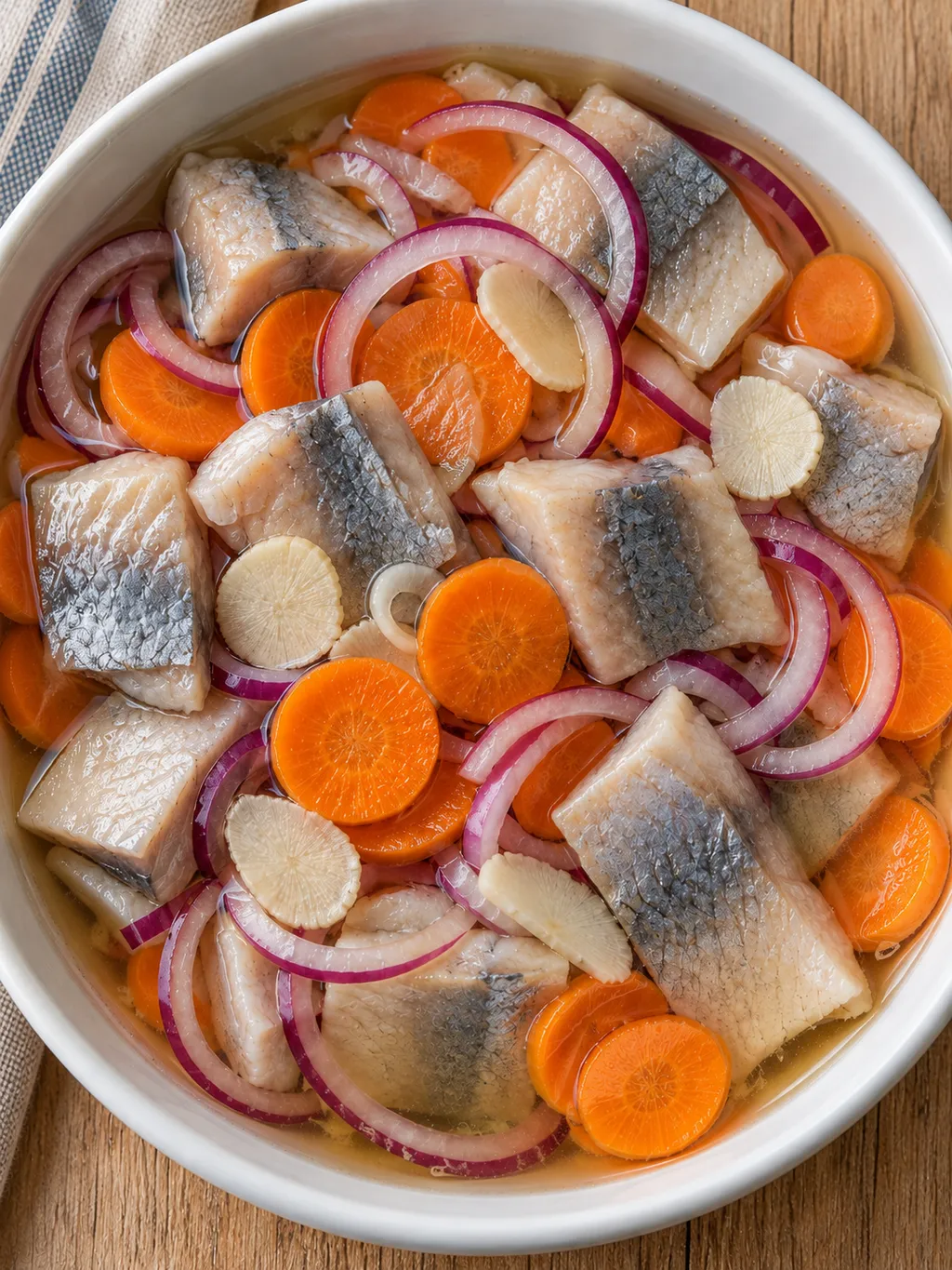 Glasmästarsill med orange morotsslantar och rödlök i en vit skål