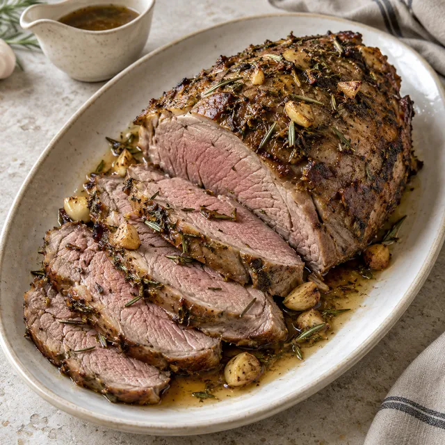 Lammstek med vitlök och rosmarin, tunna skivor och brun citronsky på ett ljust fat