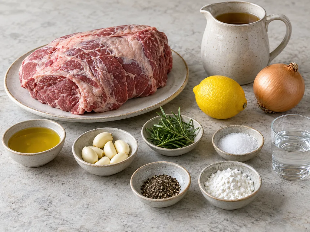 Lammstek, vitlök, rosmarin, citron, lök och råvaror till citronsky på en ljus bänk
