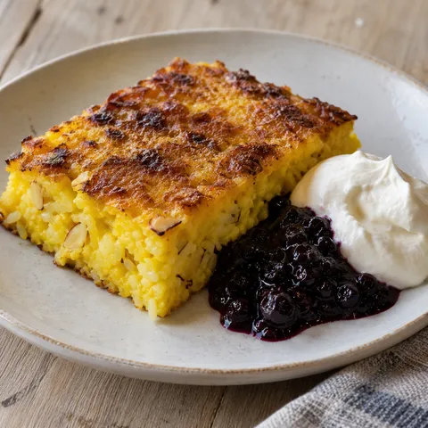 Saffranspannkaka med synliga riskorn och mandel, salmbärssylt och vispad grädde
