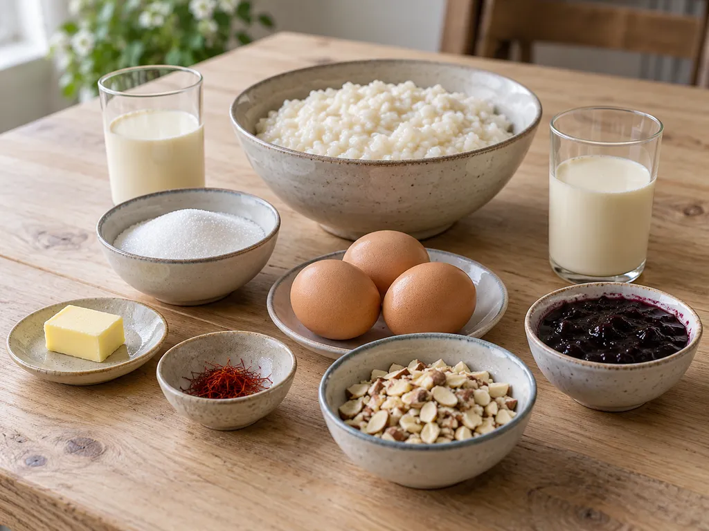 Risgrynsgröt, saffran, socker, grädde, tre ägg, mandel, smör och salmbärssylt