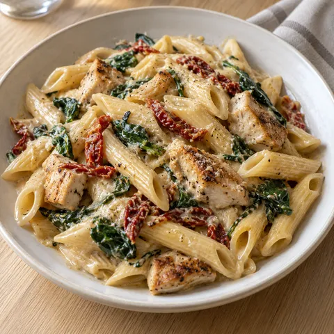 Gräddig kycklingpasta med penne, soltorkade tomater och spenat