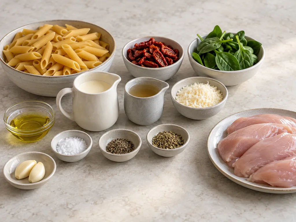 Penne, kyckling, soltorkade tomater, grädde, parmesan och spenat före tillagning