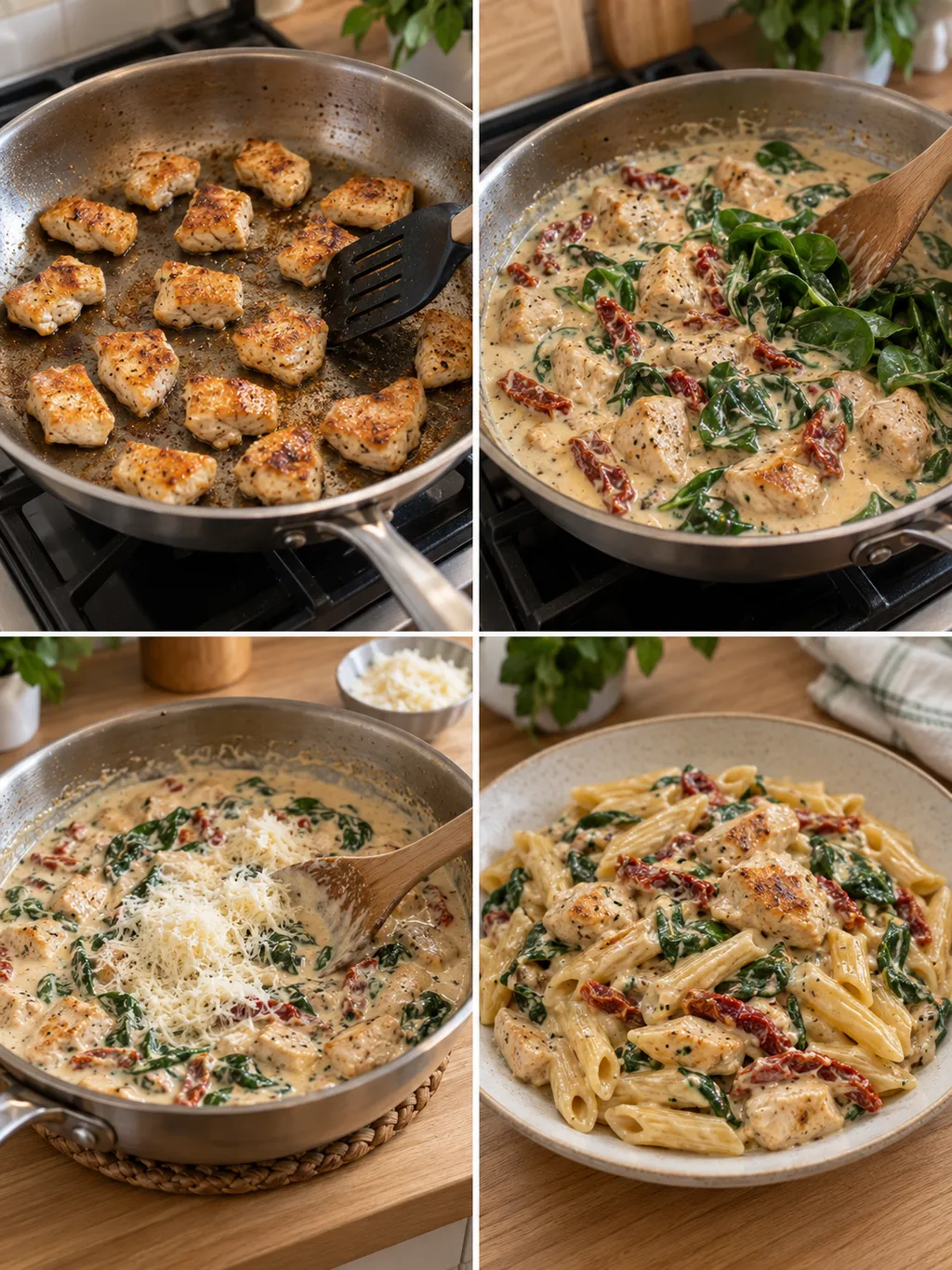 Kyckling bryns, såsen sjuder, parmesan rörs ner och den färdiga pastan serveras