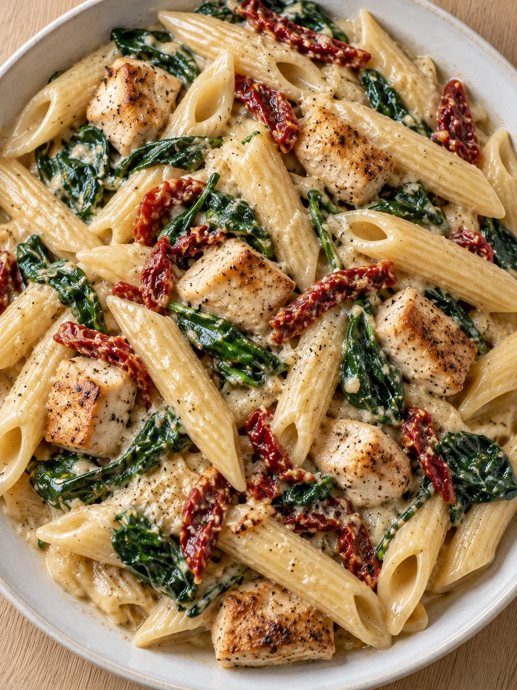 Penne med brynt kyckling, soltorkade tomater och spenat i gräddig sås