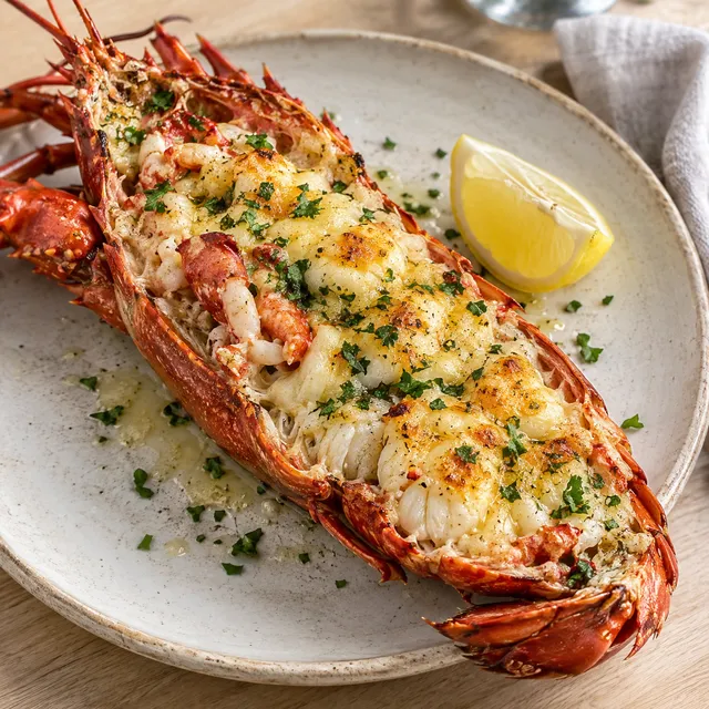 Gratinerad hummer med vitlökssmör, parmesan, persilja och citron på en ljus tallrik